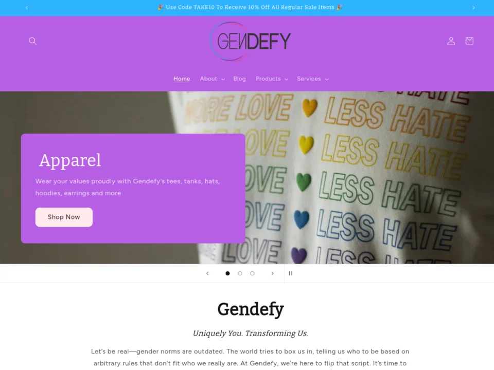 gendefy.com homepage, e-commerce store built by Azizul Islam