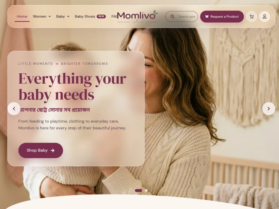 momlivo.com homepage, e-commerce store built by Azizul Islam